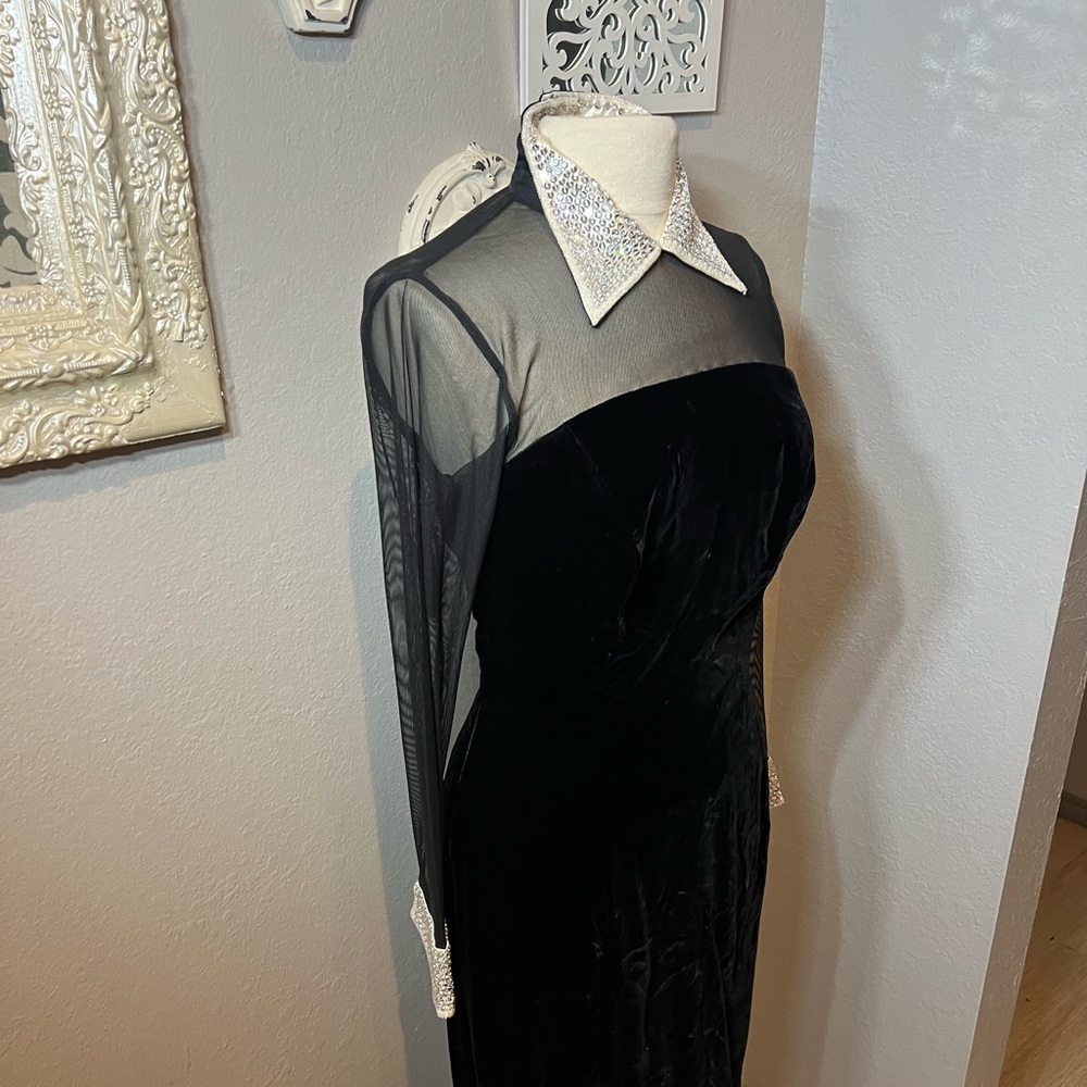 Michael Casey Black Velvet Dress with Sheer Sleeves and Crystals - Picture 8 of 15